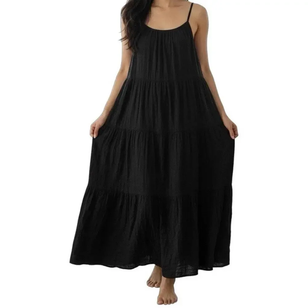 LSPACE Women’s Medium Black Tiered Maxi Dress Open Back Tie Bow Summer Boho Midi - Picture 2 of 9